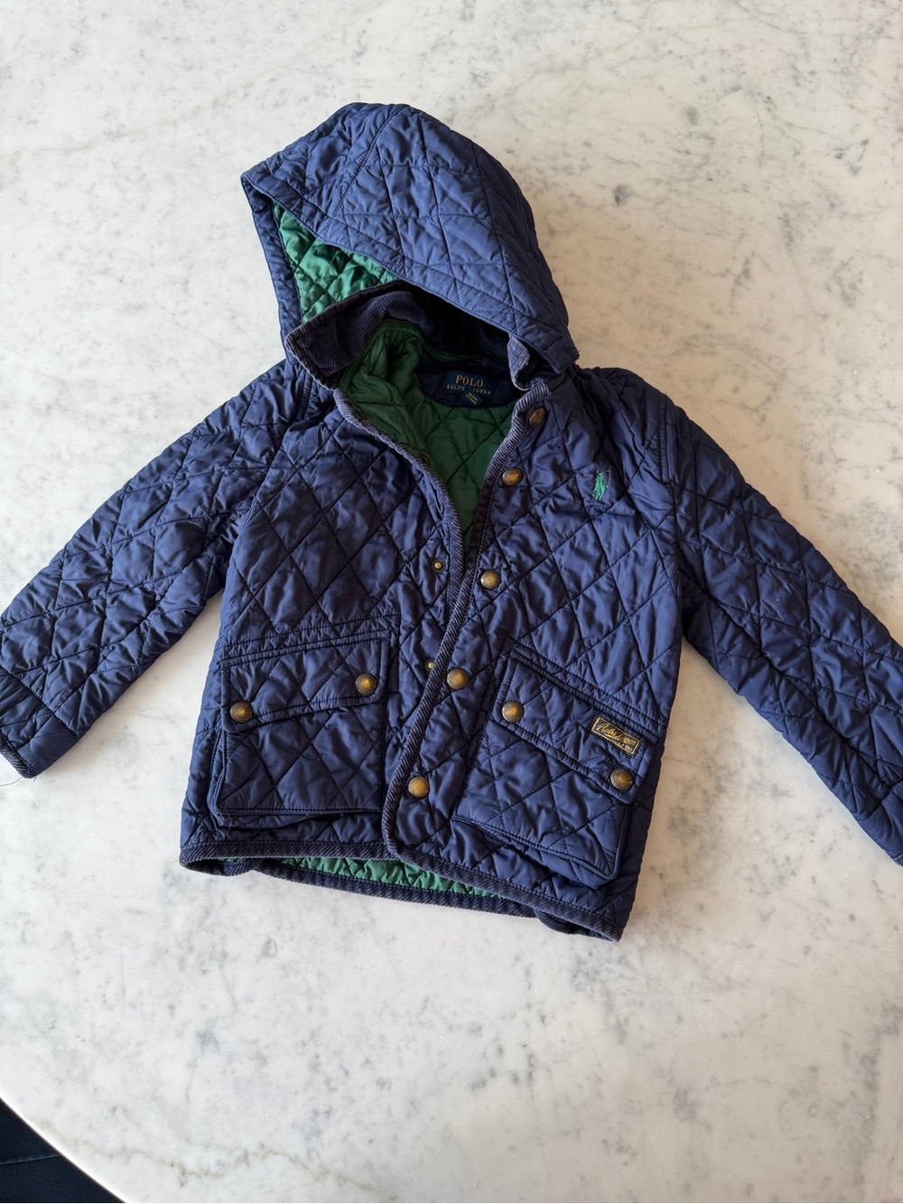Polo by Ralph Lauren Quilted Hooded Jacket for Kids - Navy with Green Lining